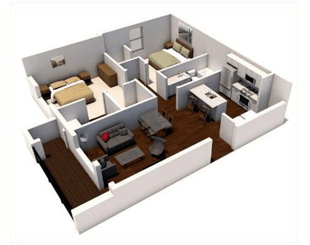 Floor plan for 2 beds, 2 baths, 950 sqft